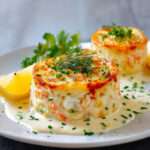 Flans individuels au crabe et ciboulette, démoulés sur assiette, nappés de sauce crémeuse au citron et décorés d’herbes fraîches.