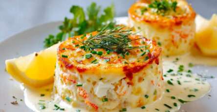 Flans individuels au crabe et ciboulette, démoulés sur assiette, nappés de sauce crémeuse au citron et décorés d’herbes fraîches.