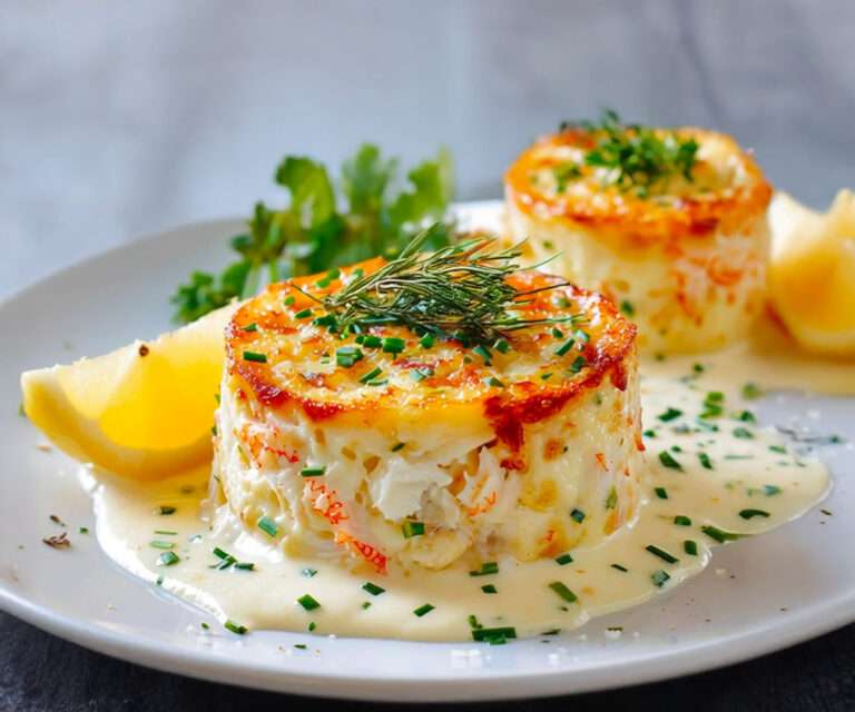 Flans individuels au crabe et ciboulette, démoulés sur assiette, nappés de sauce crémeuse au citron et décorés d’herbes fraîches.