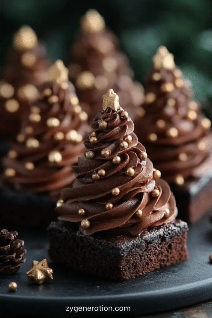 brownies sapin de noël décorés avec glaçage et décorations festives