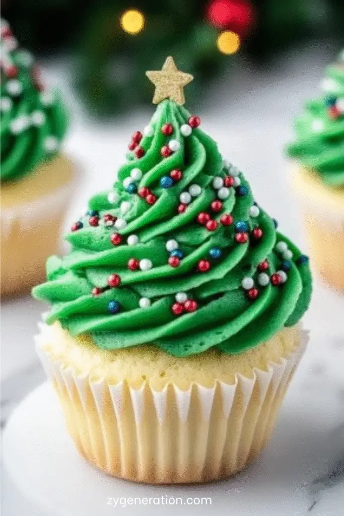 cupcakes sapin de noël décorés avec glaçage vert et paillettes