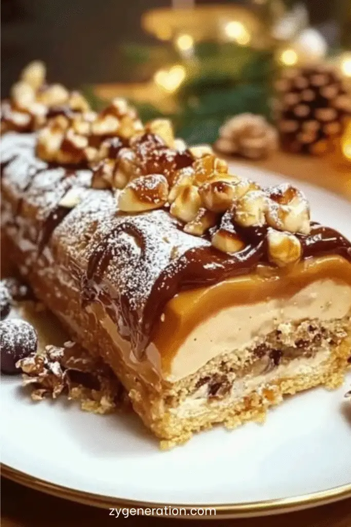 bûche de noël caramel cacahuètes décorée chocolat