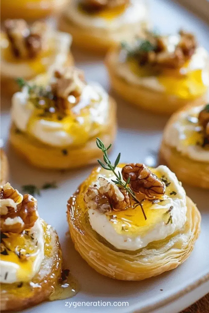 bouchées feuilletées au fromage frais noix miel sur plateau festif