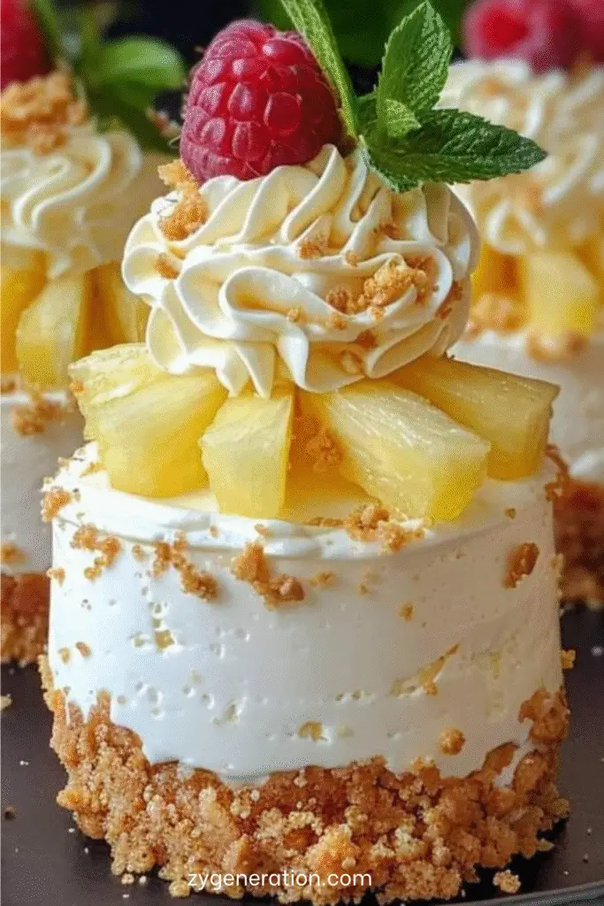 cheesecake sans cuisson à l’ananas avec crème fouettée et framboises