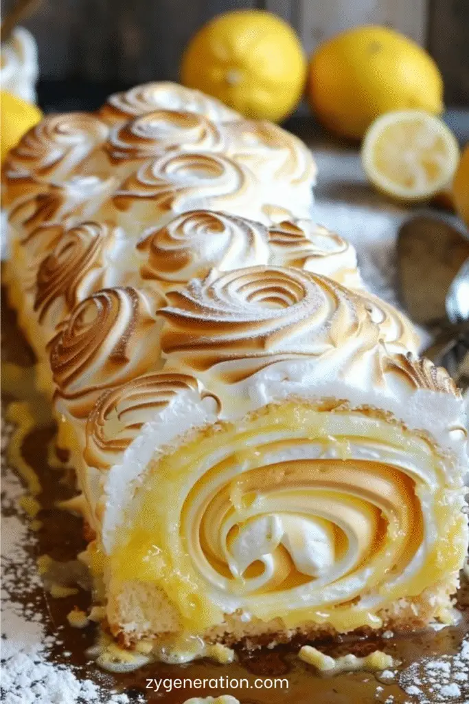bûche au citron meringuée roulée avec meringue dorée