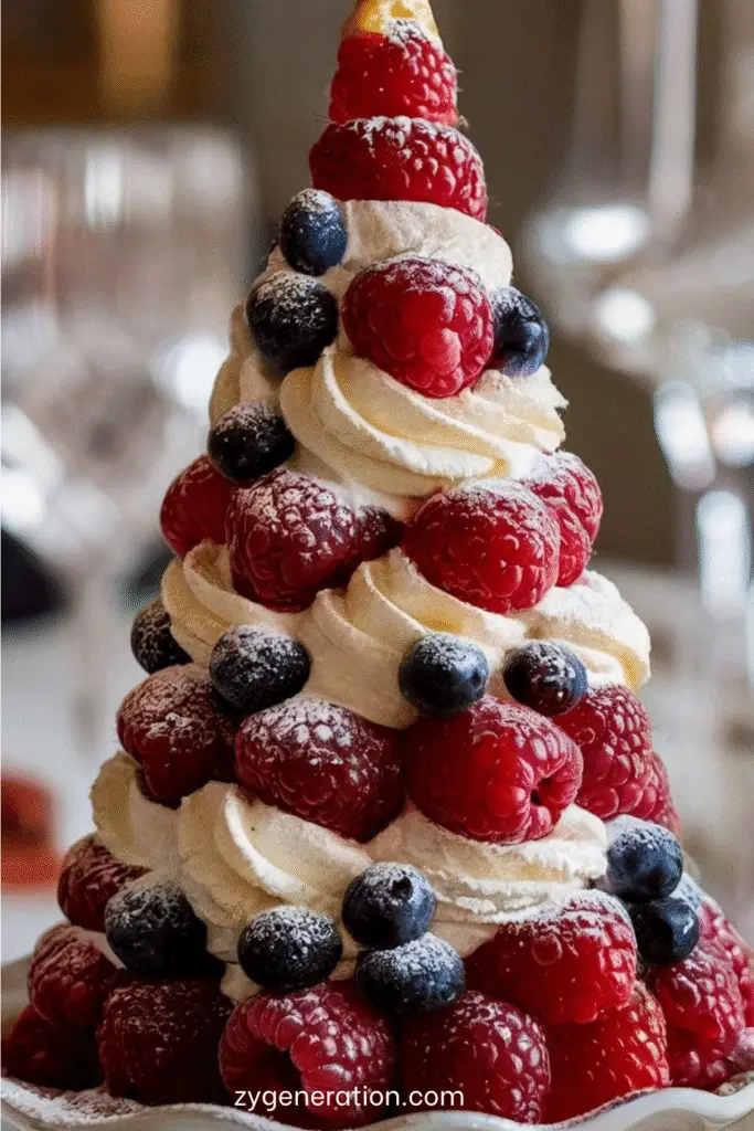 pavlova aux fruits rouges avec crème fouettée et sucre glace