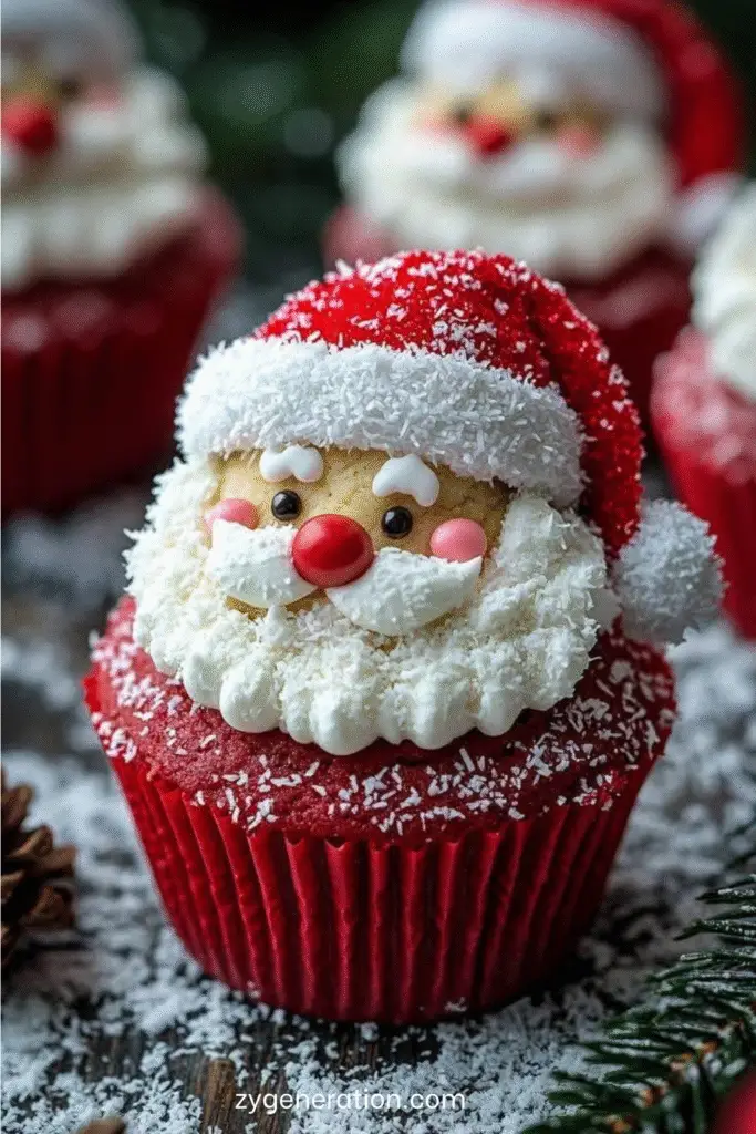 cupcakes père noël red velvet décorés avec crème au fromage et noix de coco