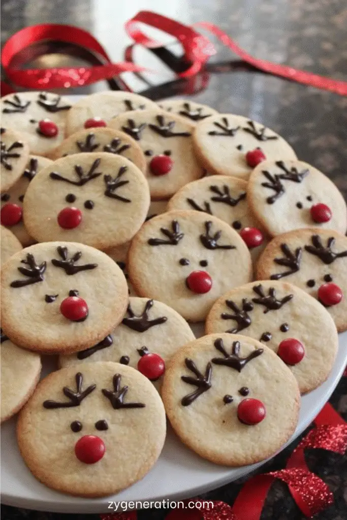 biscuits de noël en forme de rennes avec nez rouge et bois en chocolat