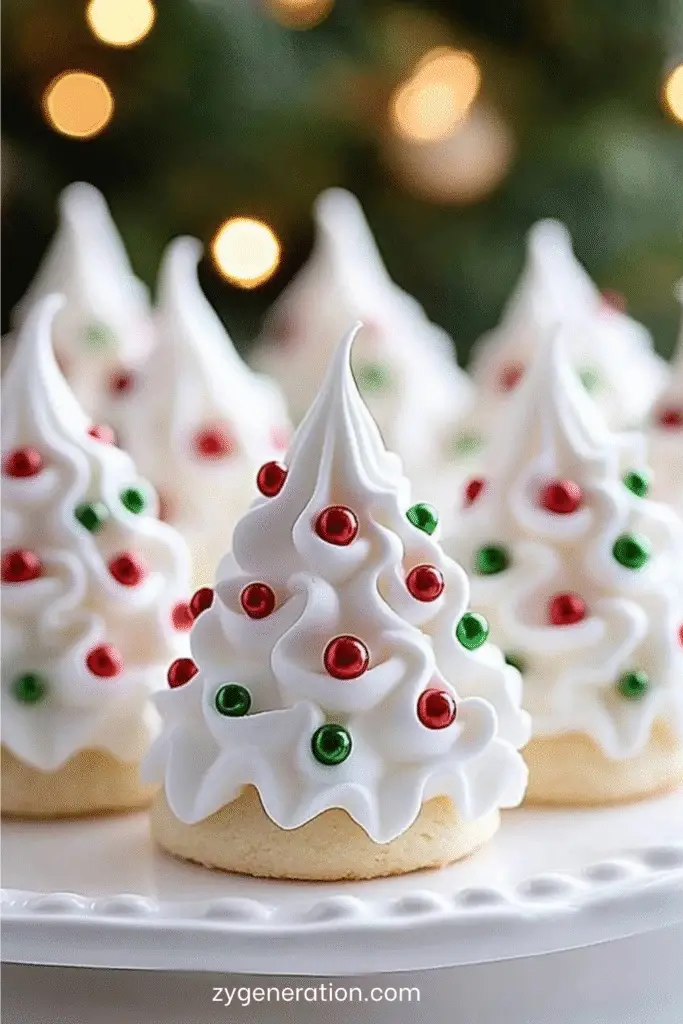 meringues en forme de sapins de noël décorées avec perles de sucre