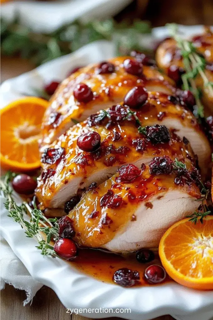 blanc de dinde glacé aux canneberges et orange sur plat de service avec herbes fraîches