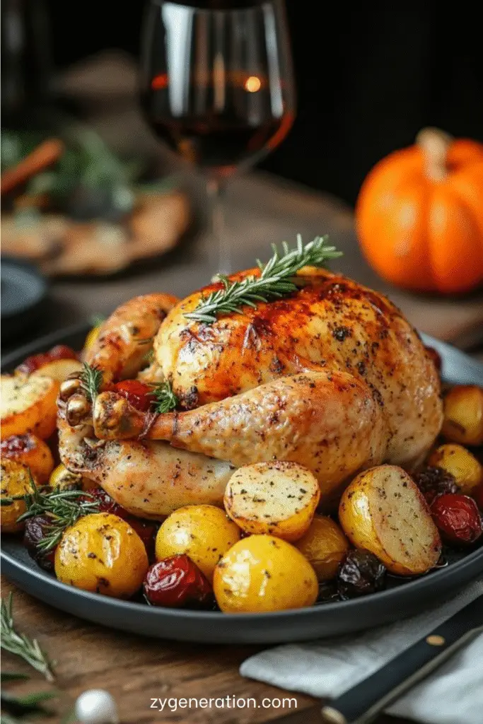 poulet rôti entier avec pommes de terre et légumes dorés au four