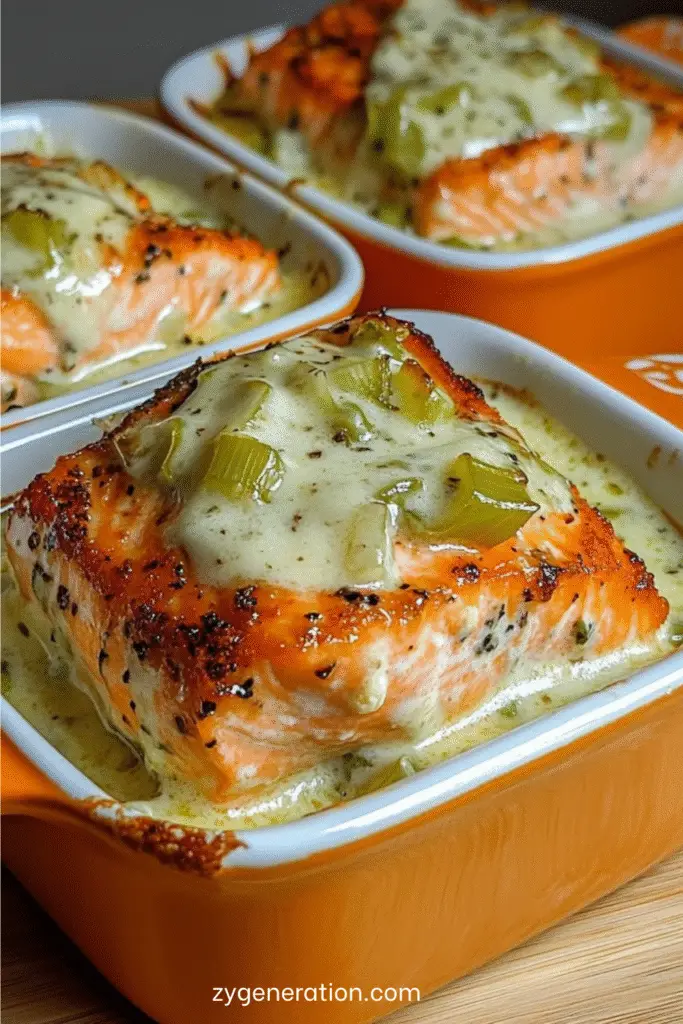 cassolettes individuelles de saumon nappées de crème de poireaux et herbes fraîches