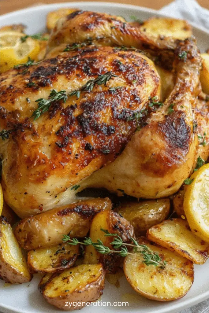 poulet rôti doré avec pommes de terre fondantes, citron et thym dans un plat familial