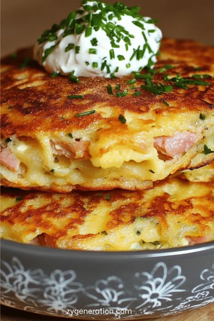 galettes dorées de pâtes au jambon et fromage servies chaudes dans une assiette