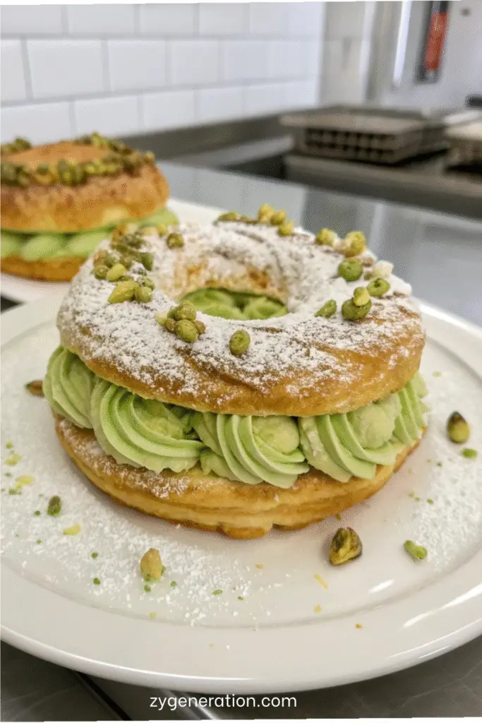 paris-brest à la mousse de pistache avec pistaches concassées et sucre glace