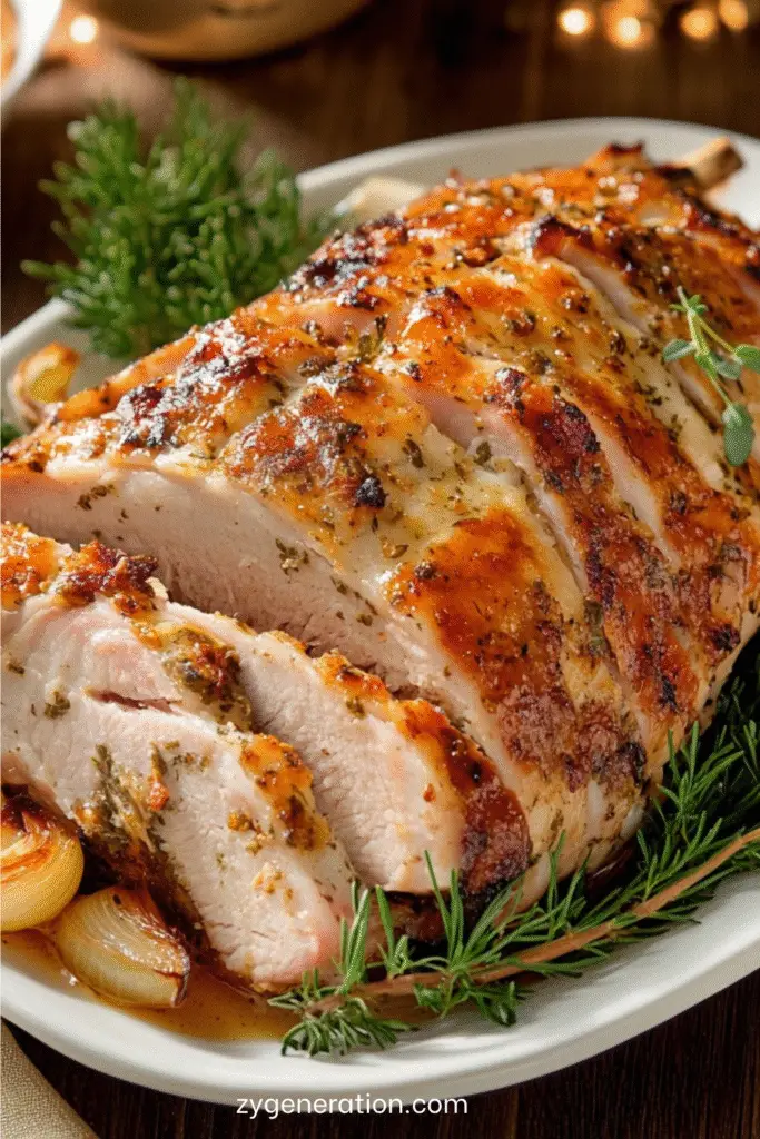 jambon rôti doré au miel et à la moutarde avec oignons rôtis dans un plat