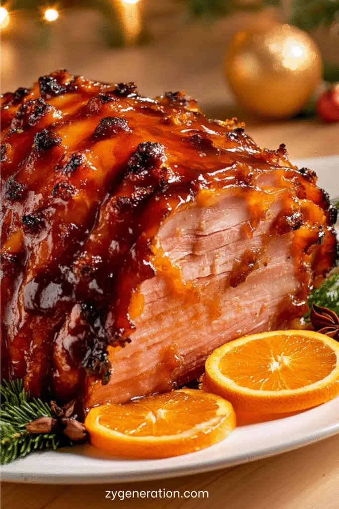 jambon rôti laqué à l’orange et au miel, décoré de rondelles d’orange et herbes fraîches