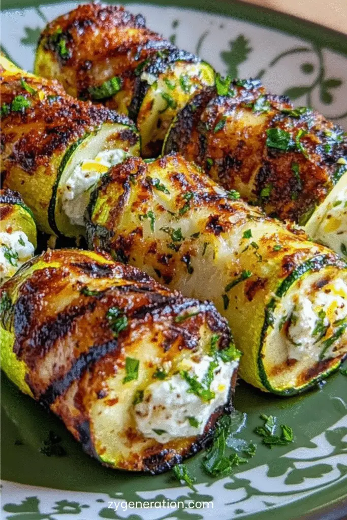 bouchées de courgettes grillées roulées à la ricotta et au citron sur assiette