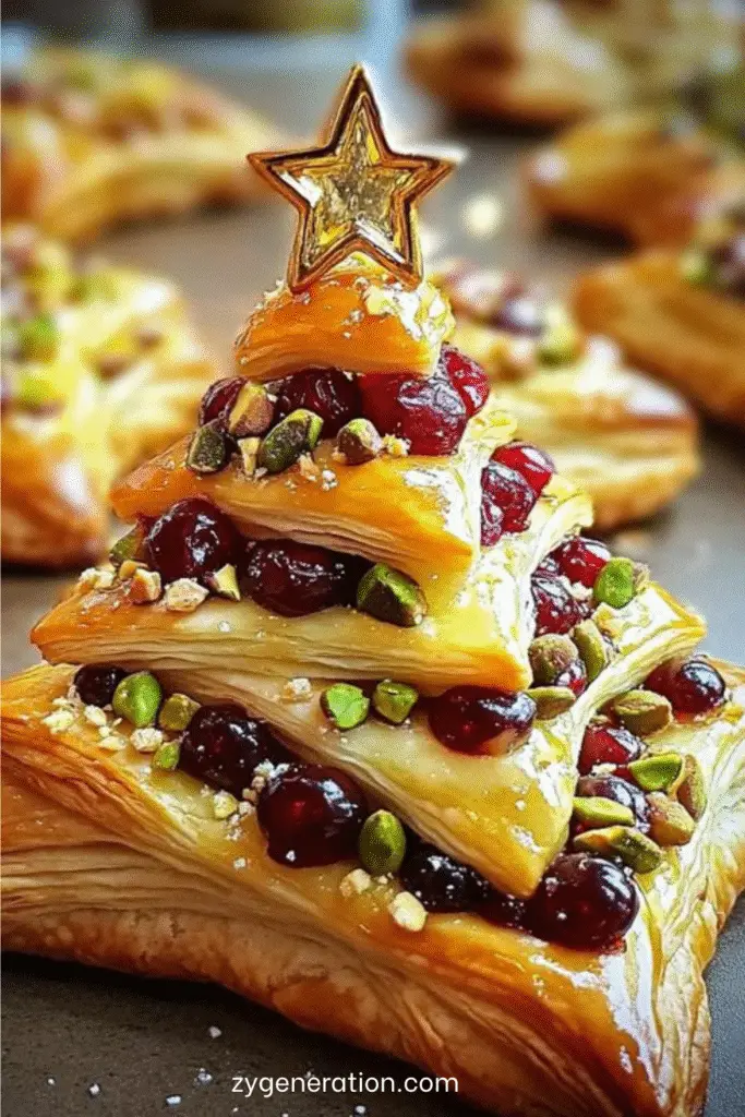 Mini sapins feuilletés garnis de camembert, canneberges et pistaches, dorés au four et présentés en apéritif festif.