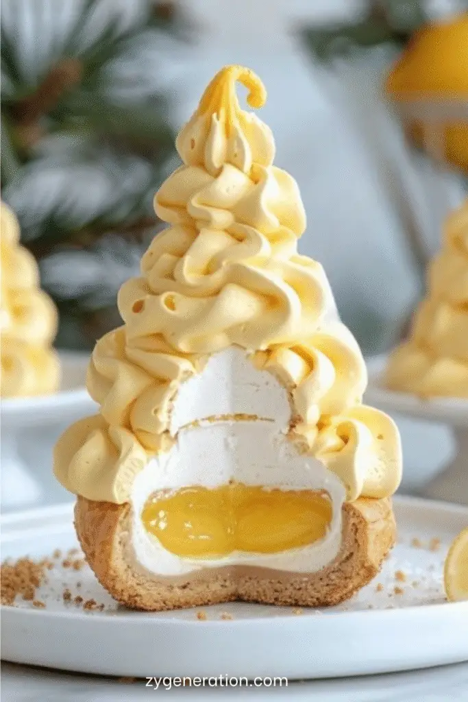 Choux à la crème de citron avec coque en chocolat blanc coloré, base biscuitée et cœur de lemon curd.