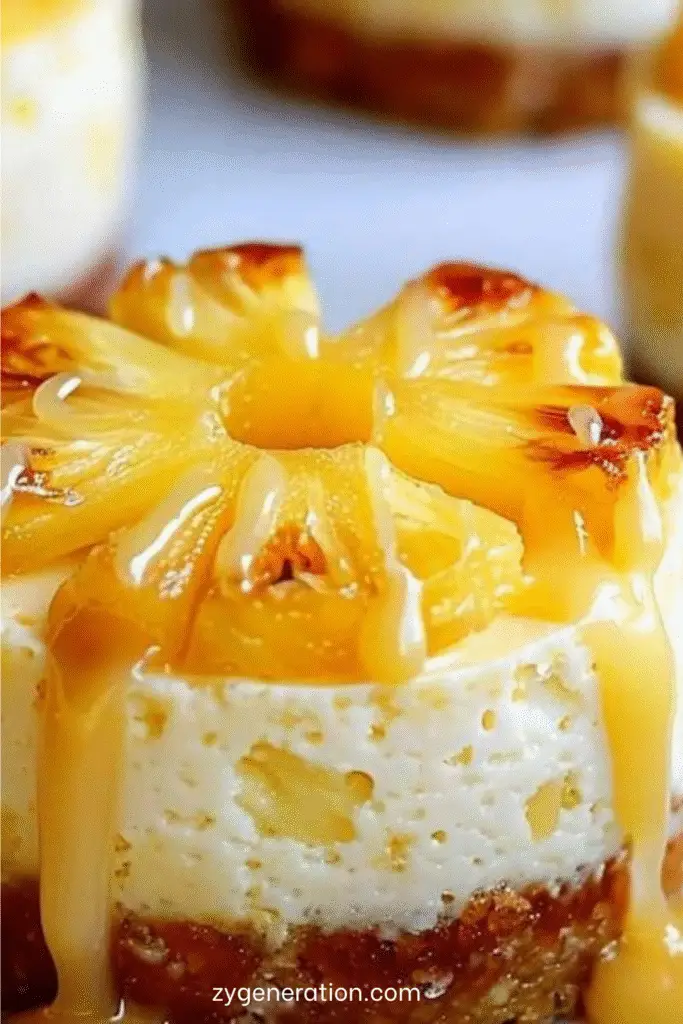 Mini cheesecakes individuels renversés à l’ananas avec caramel coulant sur le dessus, servis en dessert élégant.