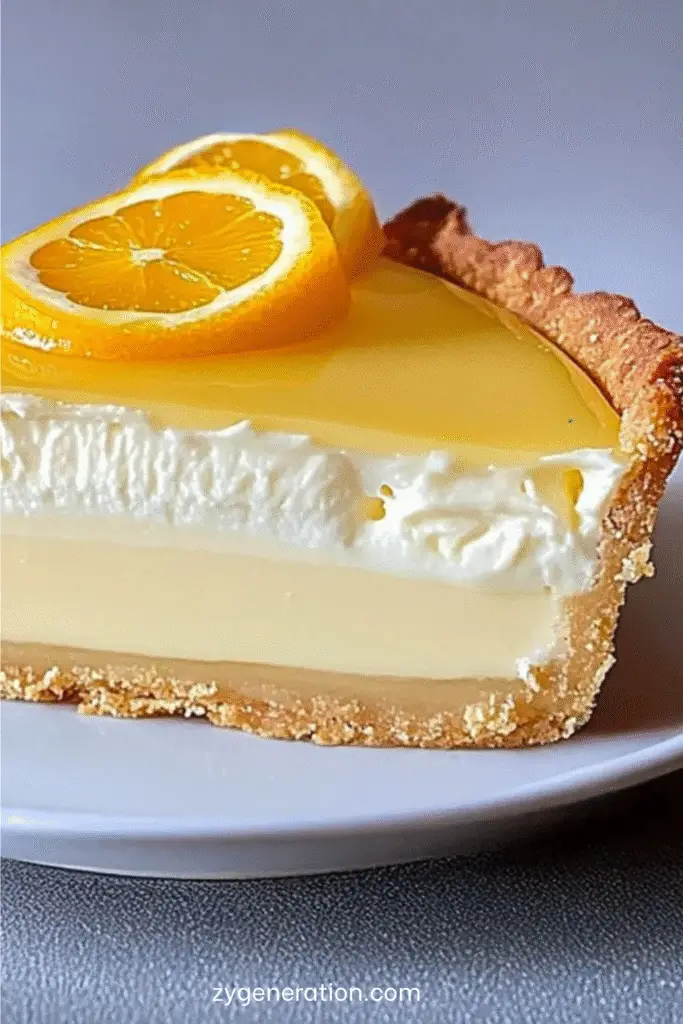Tarte crémeuse aux agrumes avec glaçage citron orange brillant et décoration de tranches d’agrumes.