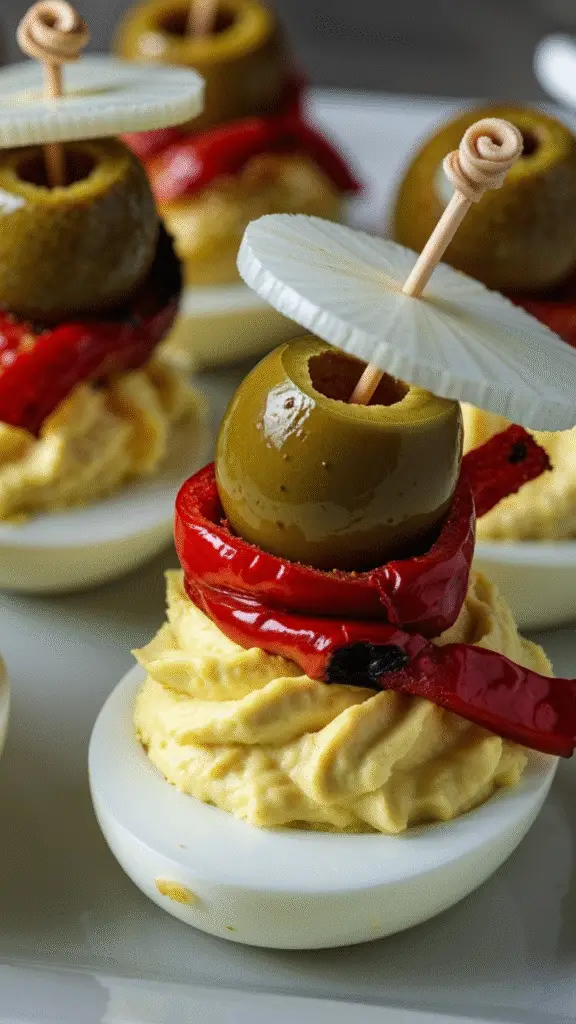 Plateau d’œufs farcis méditerranéens décorés avec olives, poivrons rôtis et rondelles de radis, présentés en bouchées apéritives colorées.