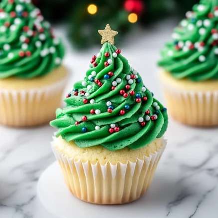 cupcakes sapin de noël décorés avec glaçage vert et paillettes