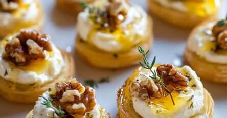 bouchées feuilletées au fromage frais noix miel sur plateau festif