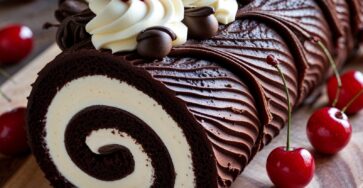 Bûche de Noël au chocolat garnie de crème chantilly aux cerises, nappée de ganache brillante et décorée de cerises confites et volutes de chocolat sur un plat de fête.