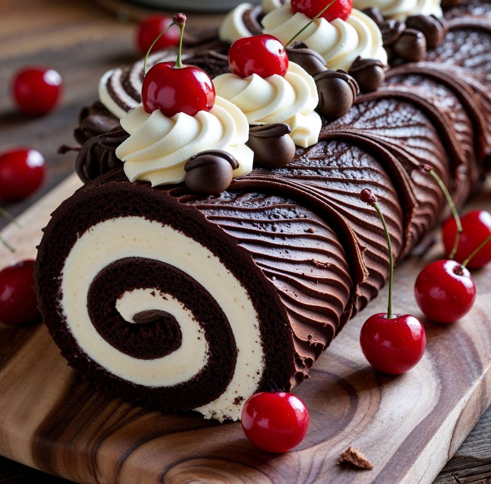 Bûche de Noël au chocolat garnie de crème chantilly aux cerises, nappée de ganache brillante et décorée de cerises confites et volutes de chocolat sur un plat de fête.