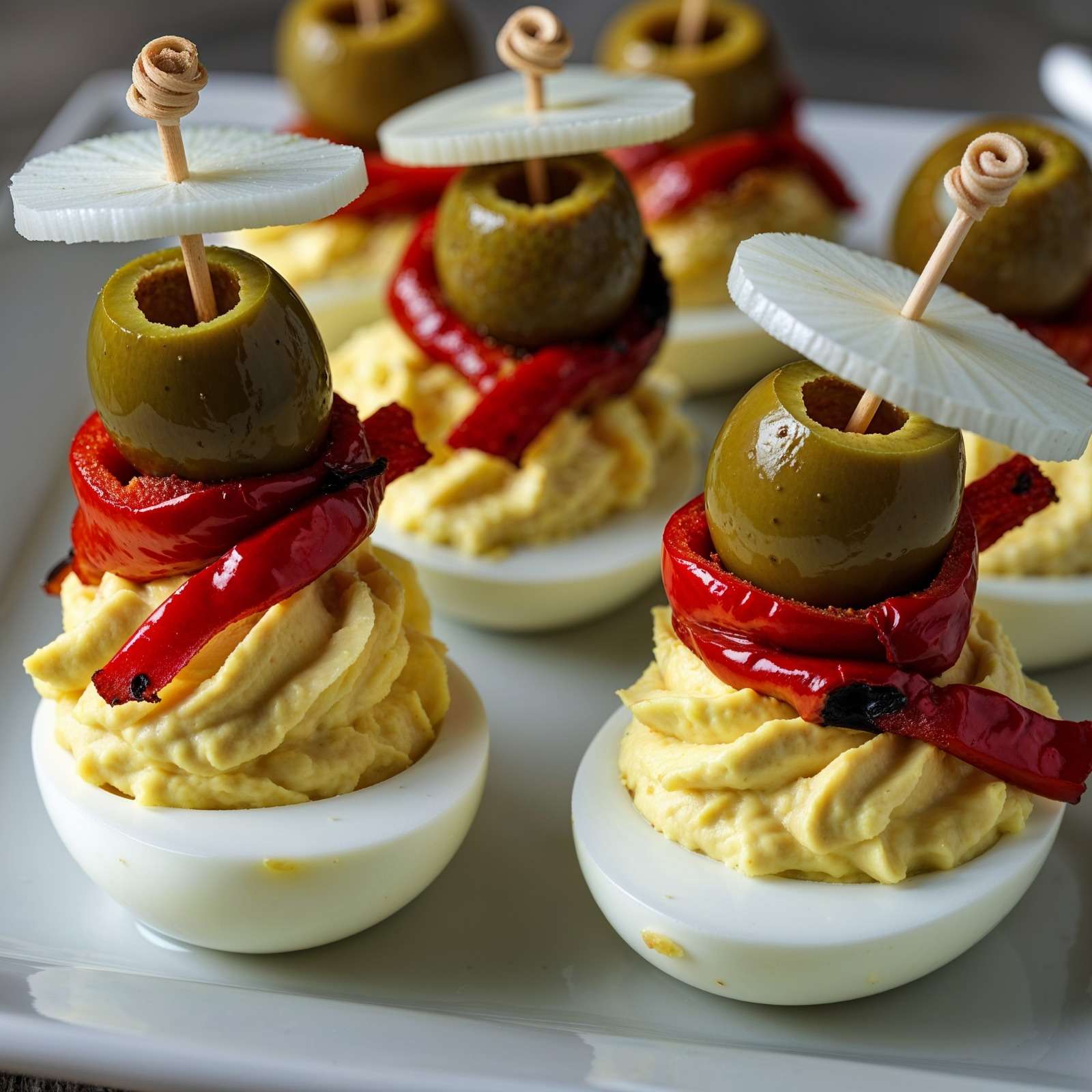 Plateau d’œufs farcis méditerranéens décorés avec olives, poivrons rôtis et rondelles de radis, présentés en bouchées apéritives colorées.