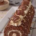 Photo d’un roulé suisse au Nutella fait maison, délicatement saupoudré de sucre glace, avec une génoise moelleuse et une garniture généreuse à la pâte à tartiner.