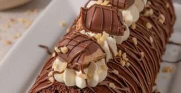 Photo d’un roulé suisse au Nutella fait maison, délicatement saupoudré de sucre glace, avec une génoise moelleuse et une garniture généreuse à la pâte à tartiner.