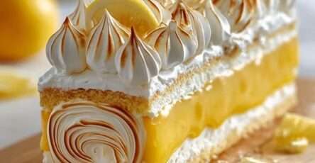 Cheesecake citron meringué avec lemon curd et meringue dorée sur le dessus