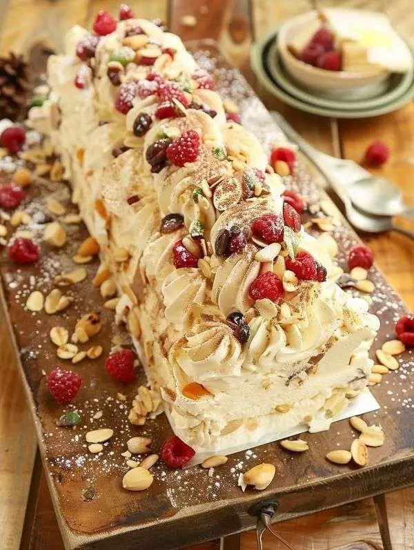 Bûche roulée garnie de crème au mascarpone et framboises, décorée d’amandes effilées, fruits secs et sucre glace sur un plat de fête.