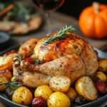poulet rôti entier avec pommes de terre et légumes dorés au four