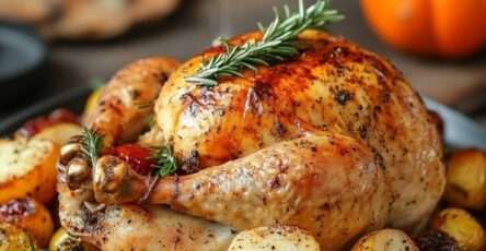 poulet rôti entier avec pommes de terre et légumes dorés au four