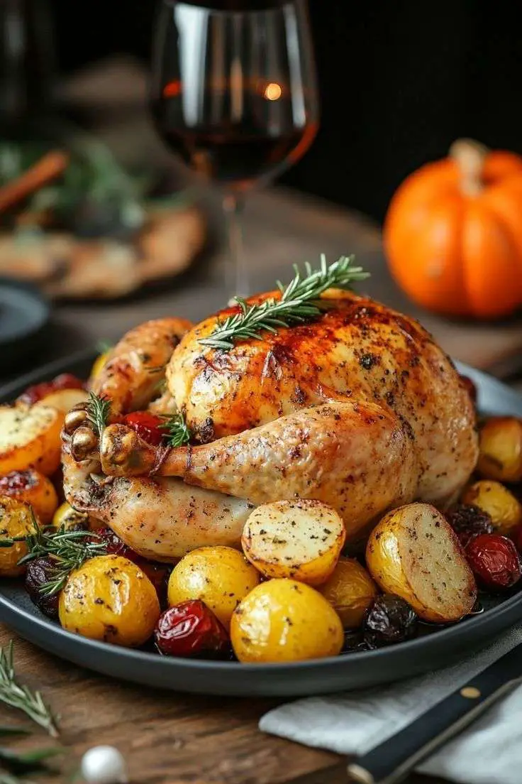 poulet rôti entier avec pommes de terre et légumes dorés au four
