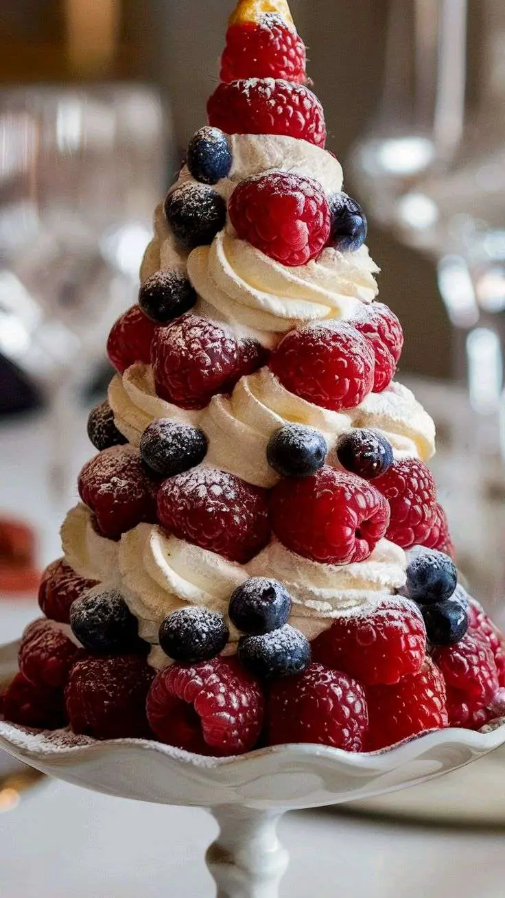 pavlova aux fruits rouges avec crème fouettée et sucre glace