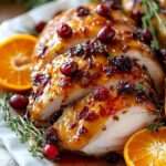 blanc de dinde glacé aux canneberges et orange sur plat de service avec herbes fraîches