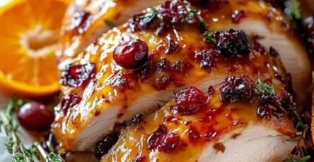 blanc de dinde glacé aux canneberges et orange sur plat de service avec herbes fraîches