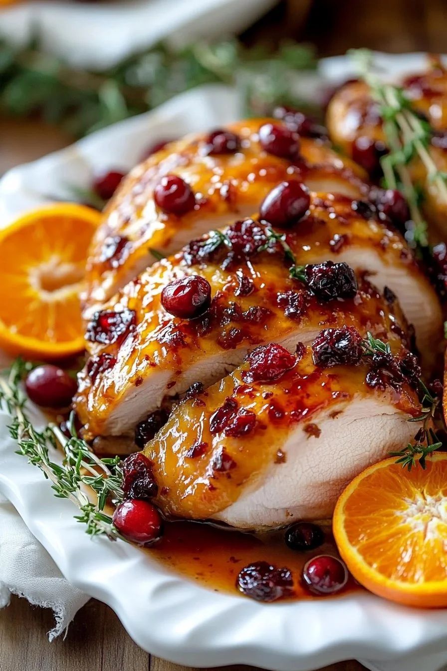 blanc de dinde glacé aux canneberges et orange sur plat de service avec herbes fraîches