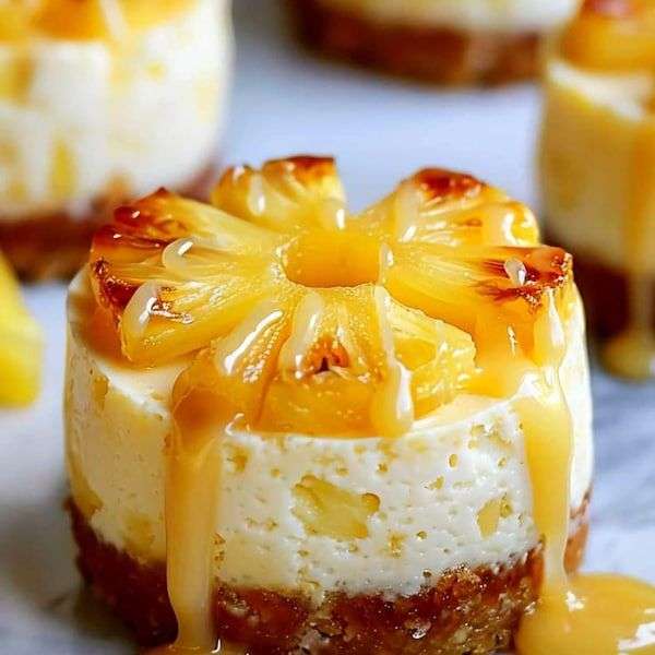 Mini cheesecakes individuels renversés à l’ananas avec caramel coulant sur le dessus, servis en dessert élégant.