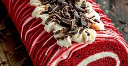 bûche roulée red velvet rouge garnie de crème aux oréo et décorée de biscuits et copeaux de chocolat