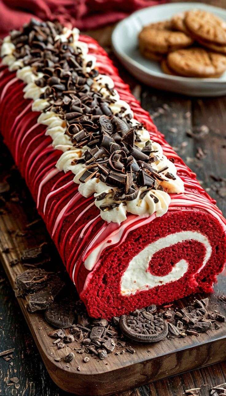 bûche roulée red velvet rouge garnie de crème aux oréo et décorée de biscuits et copeaux de chocolat