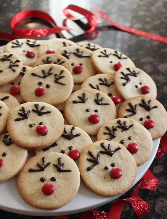 biscuits de noël en forme de rennes avec nez rouge et bois en chocolat