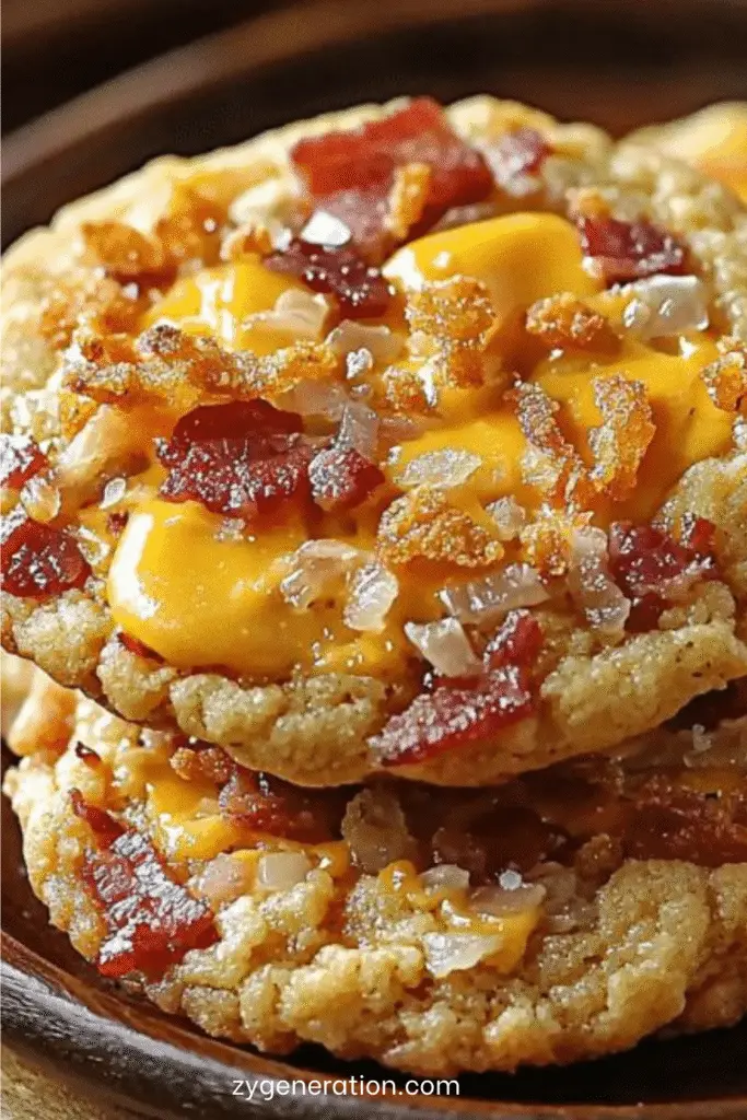 cookies salés au bacon cheddar et oignons frits posés sur une plaque dorée