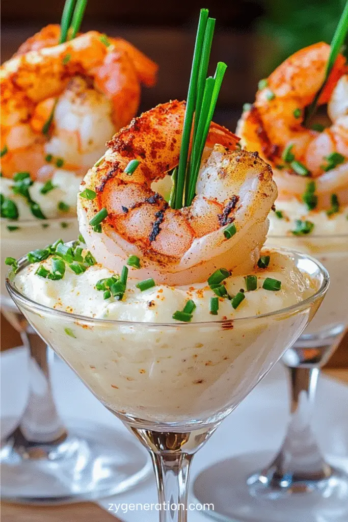 verrines de mousseline de pommes de terre garnies de gambas grillées