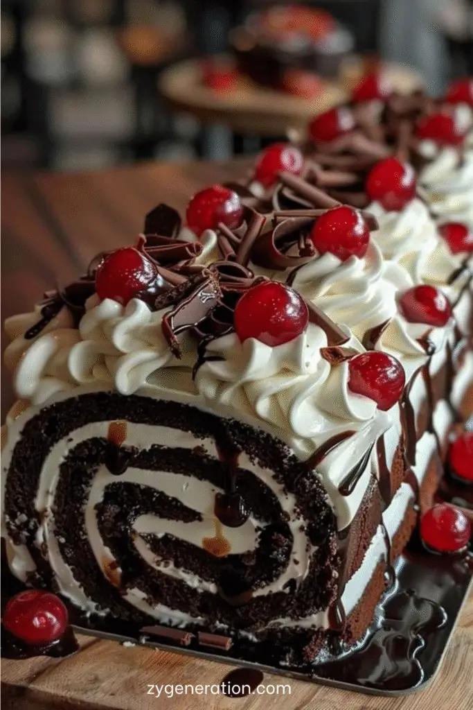 bûche roulée forêt-noire au chocolat garnie de crème chantilly et cerises sur le dessus